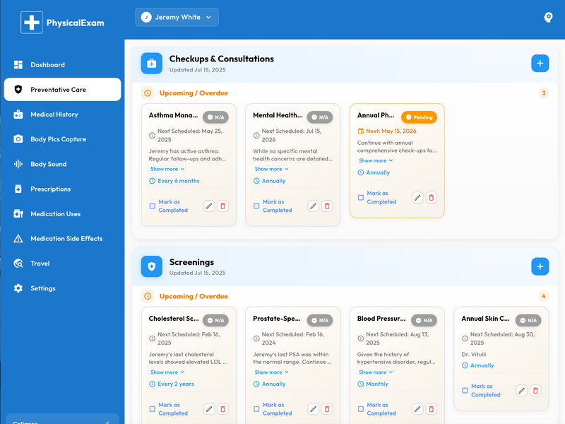 A calendar showing a schedule of health check-ups
